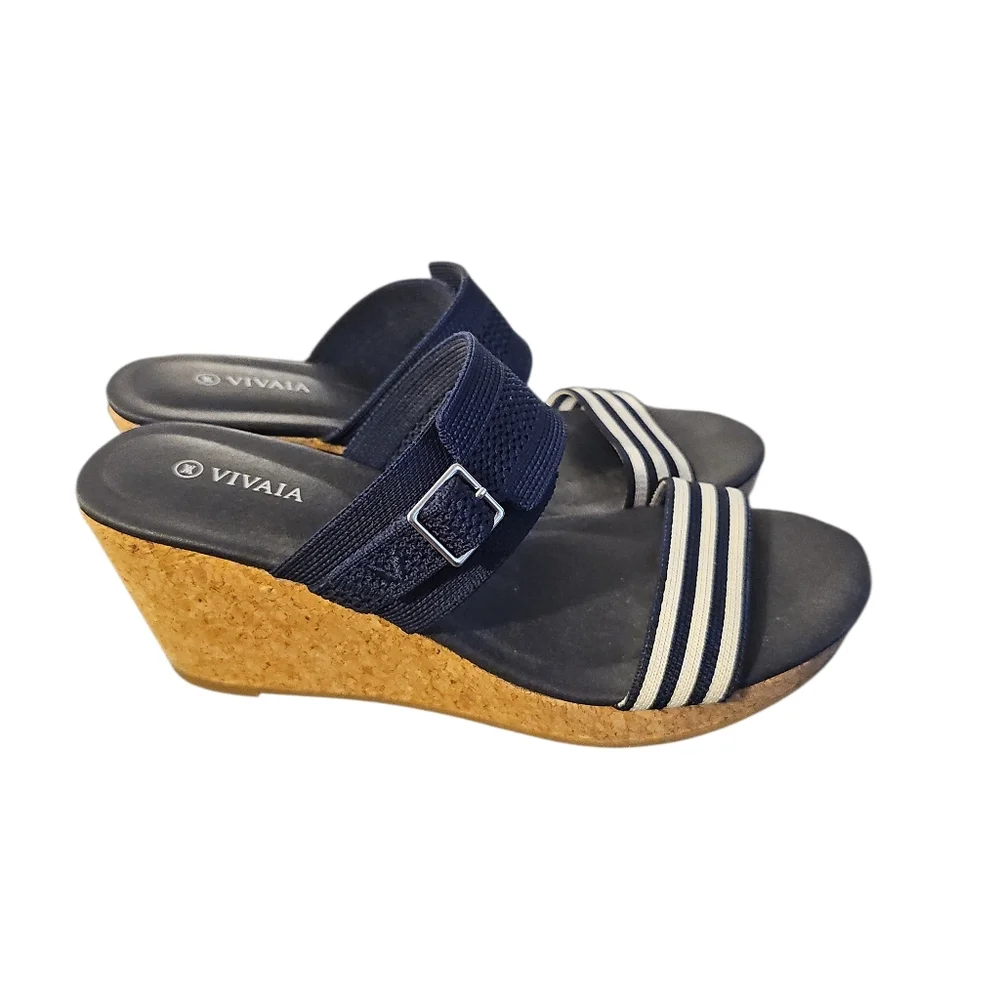 Vivaia Sammy 39 Adjustable Strap Cork Wedge Sandals Navy Sz 8/8.5 SH446